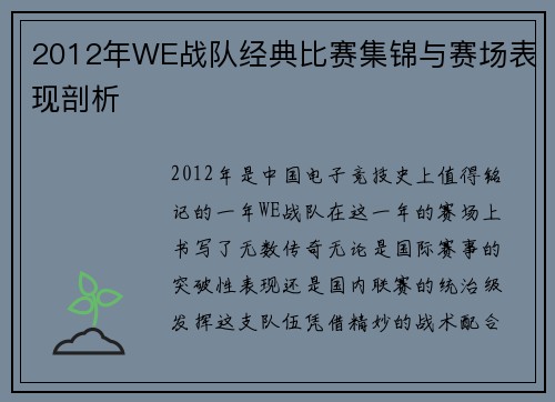 2012年WE战队经典比赛集锦与赛场表现剖析